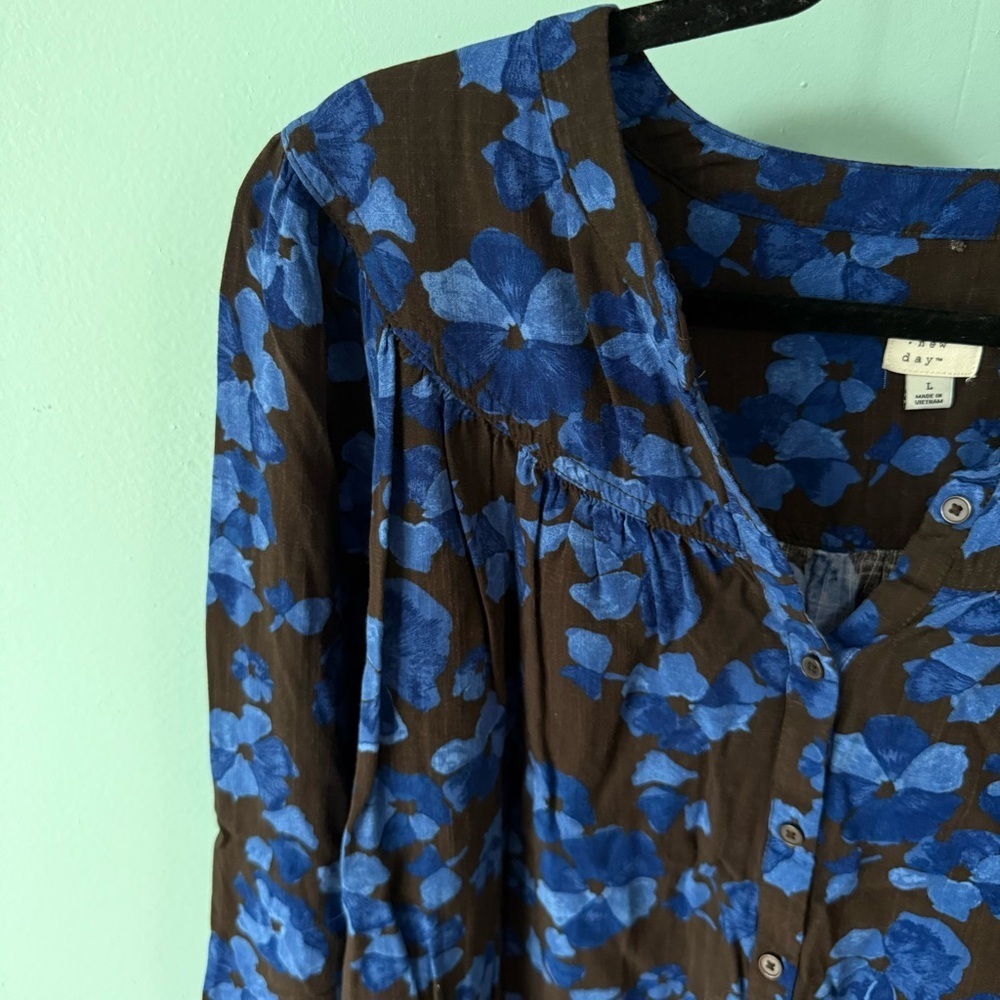 Women's Long Sleeve Button-Front Blouse-A New Day-Blue Size Large - Picture 2 of 8